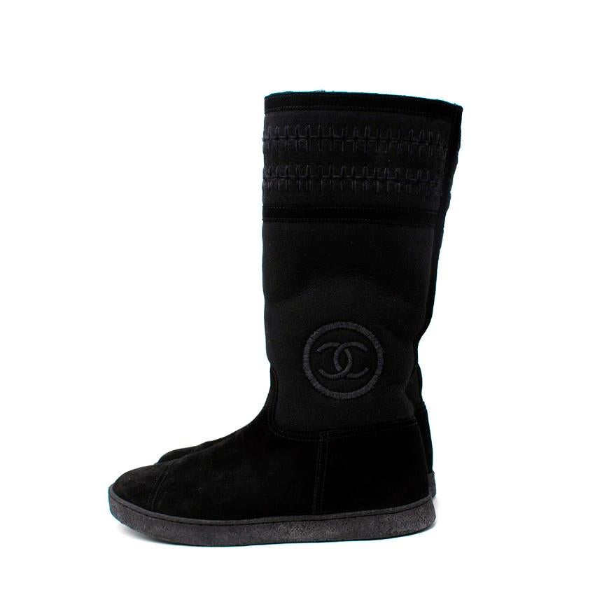 Women's Chanel Black Sheepskin & Suede Embroidered Knee Boots For Sale