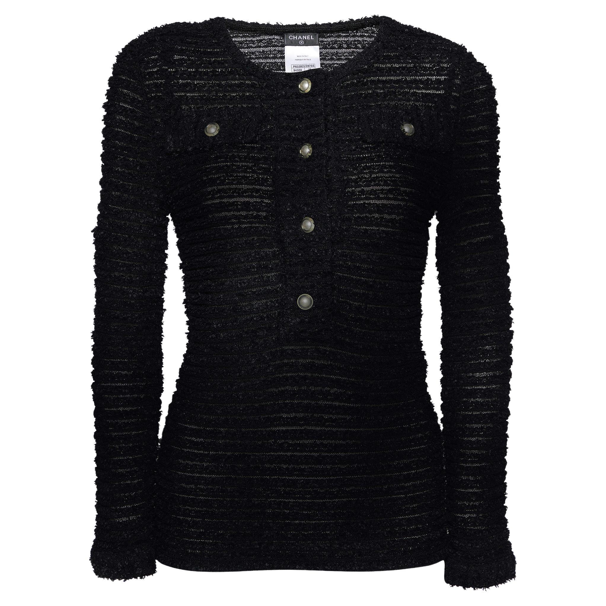 Chanel Black Sheer Knit Boucle Detail Top M