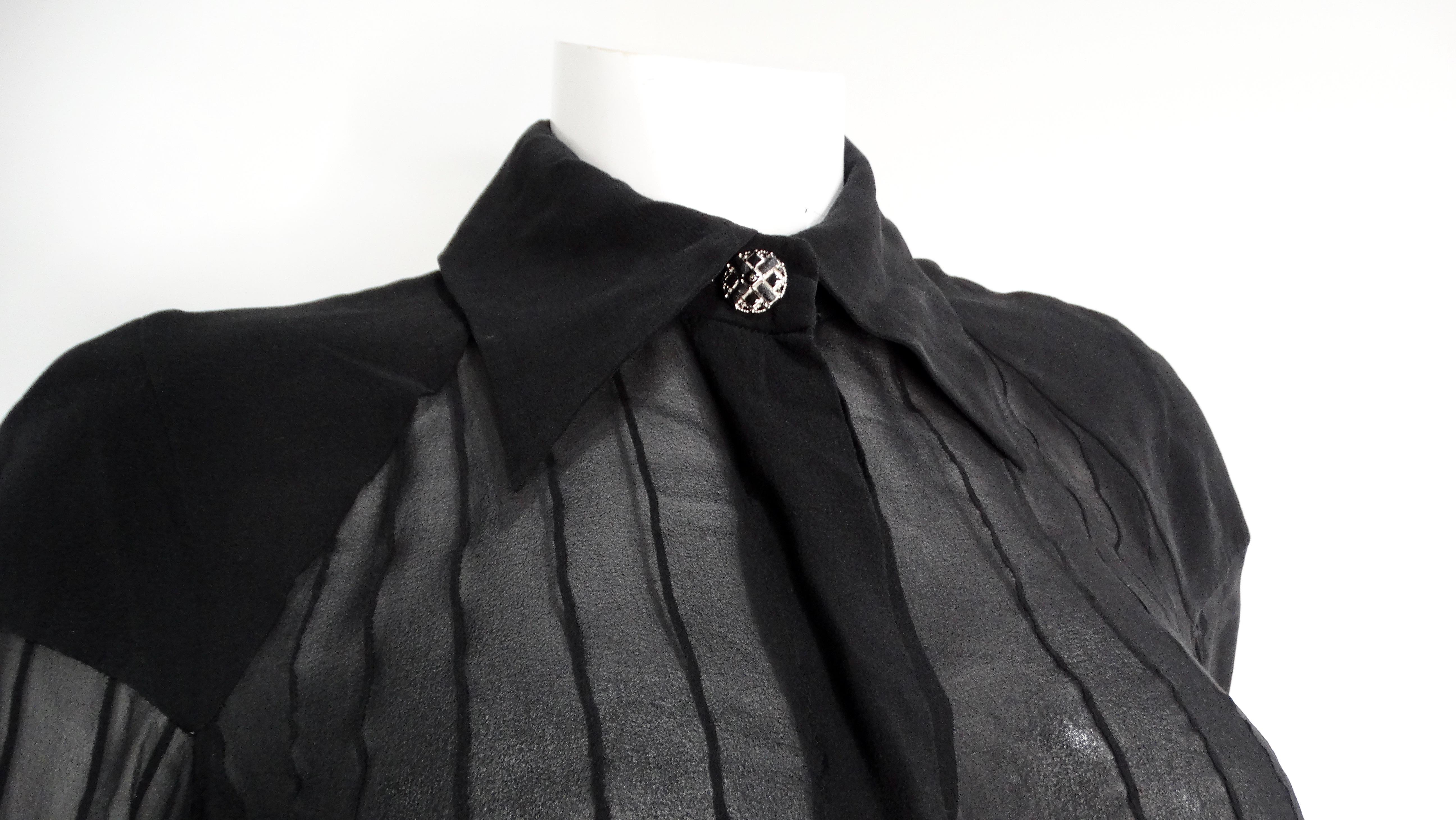 Chanel Black Sheer Silk Button-Up Long-Sleeve Blouse With Embellished Buttons In Good Condition In Scottsdale, AZ