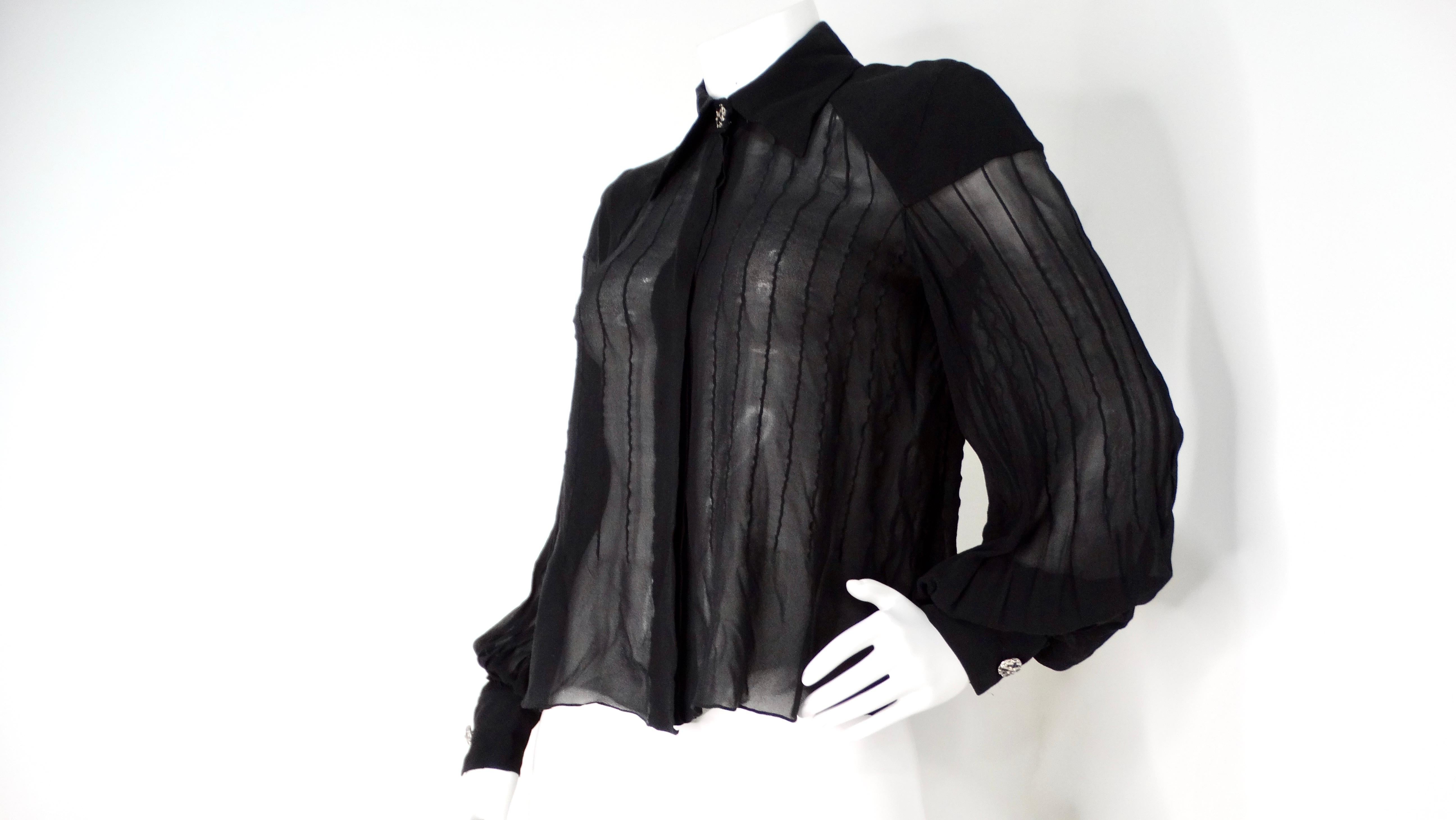 Women's Chanel Black Sheer Silk Button-Up Long-Sleeve Blouse With Embellished Buttons