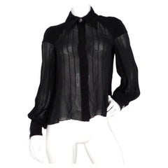 Chanel Black Sheer Silk Button-Up Long-Sleeve Blouse With Embellished Buttons