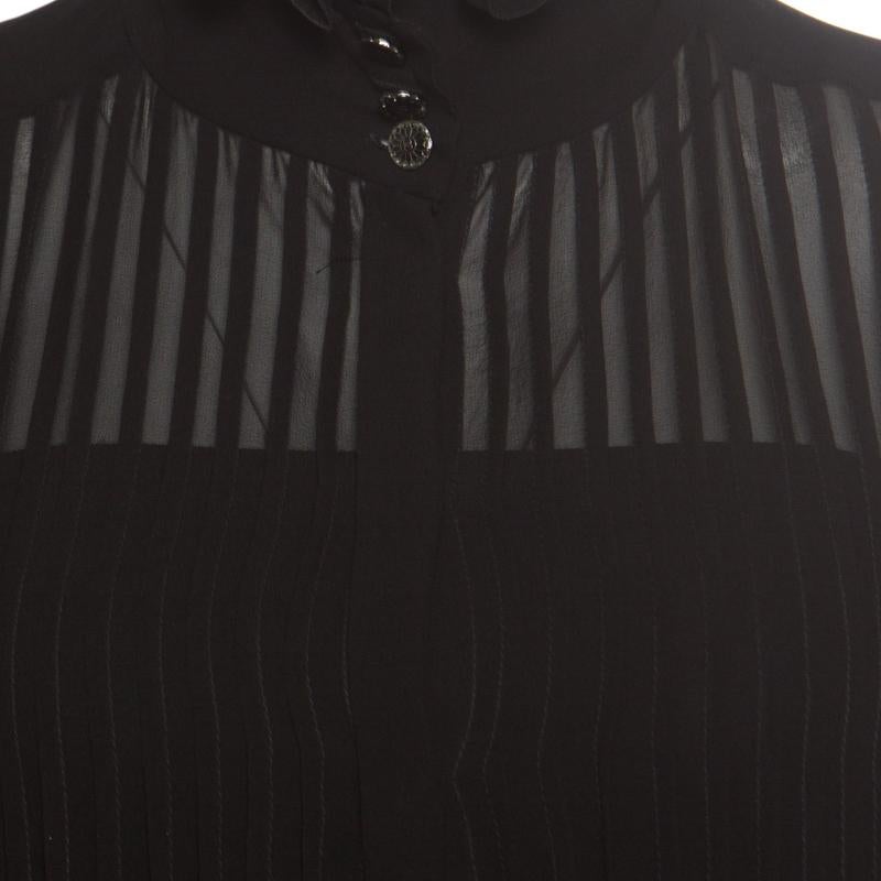 Chanel Black Sheer Silk Pintucked Ruffle Detail Blouson Top L 1