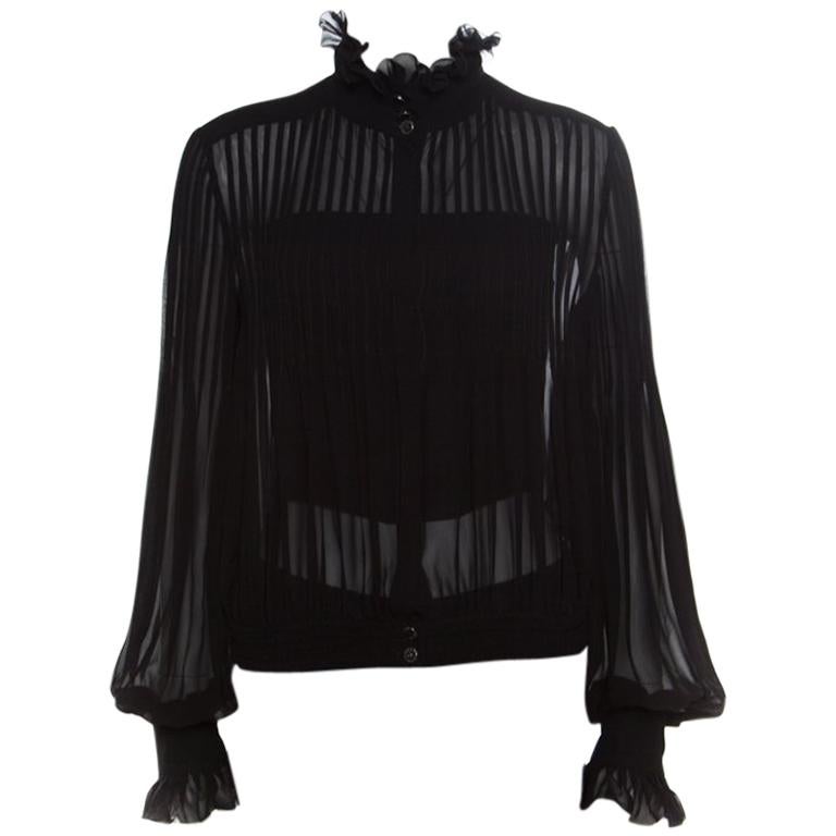 Chanel Black Sheer Silk Pintucked Ruffle Detail Blouson Top L
