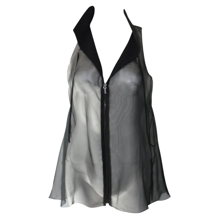CHANEL Black Sheer Sleeveless Collar Blouse Size 36 For Sale at