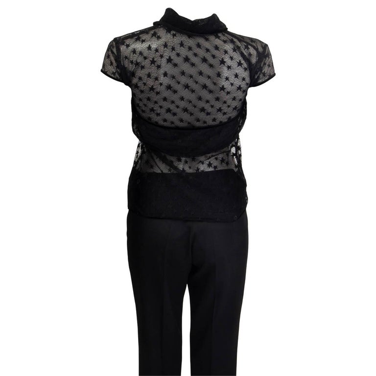 CHANEL black SHEER STAR LACE Cap Sleeve Blouse Shirt M For Sale at
