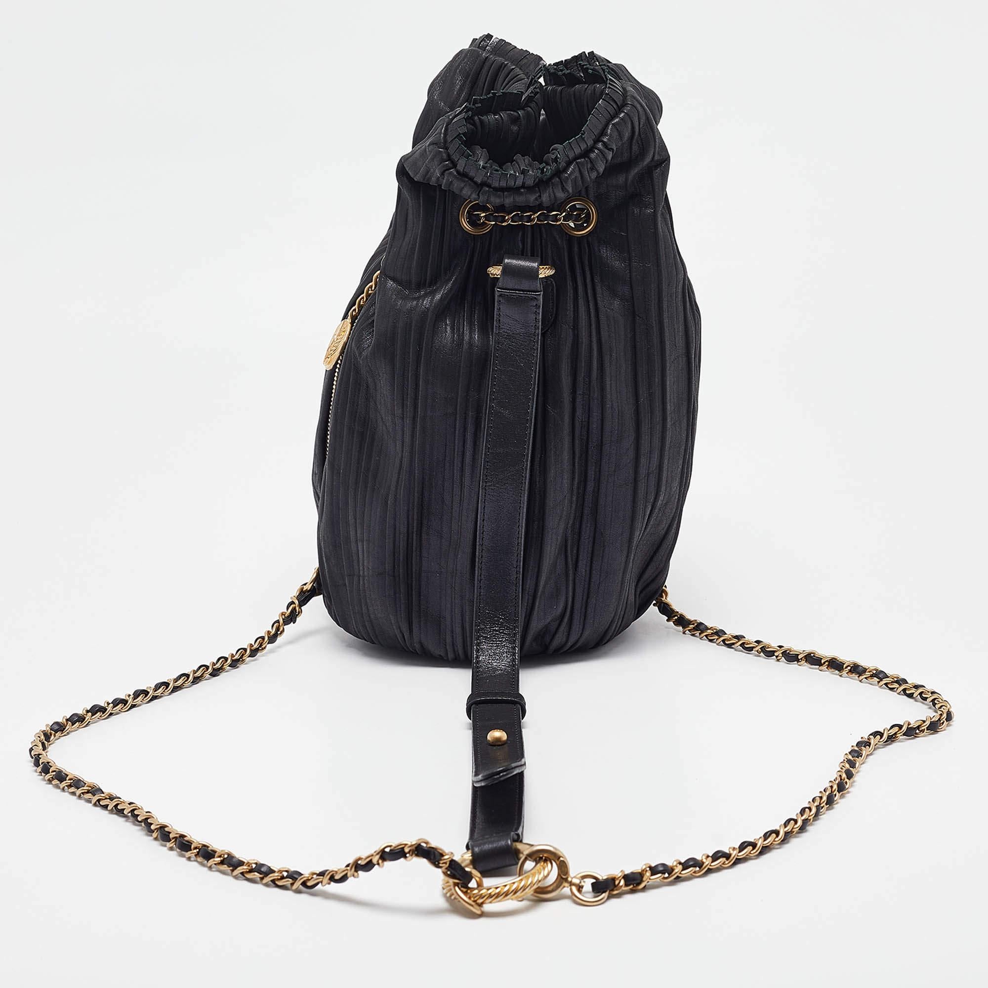 Women's Chanel Black Shimmer Leather Coco Pleats Sling Backpack