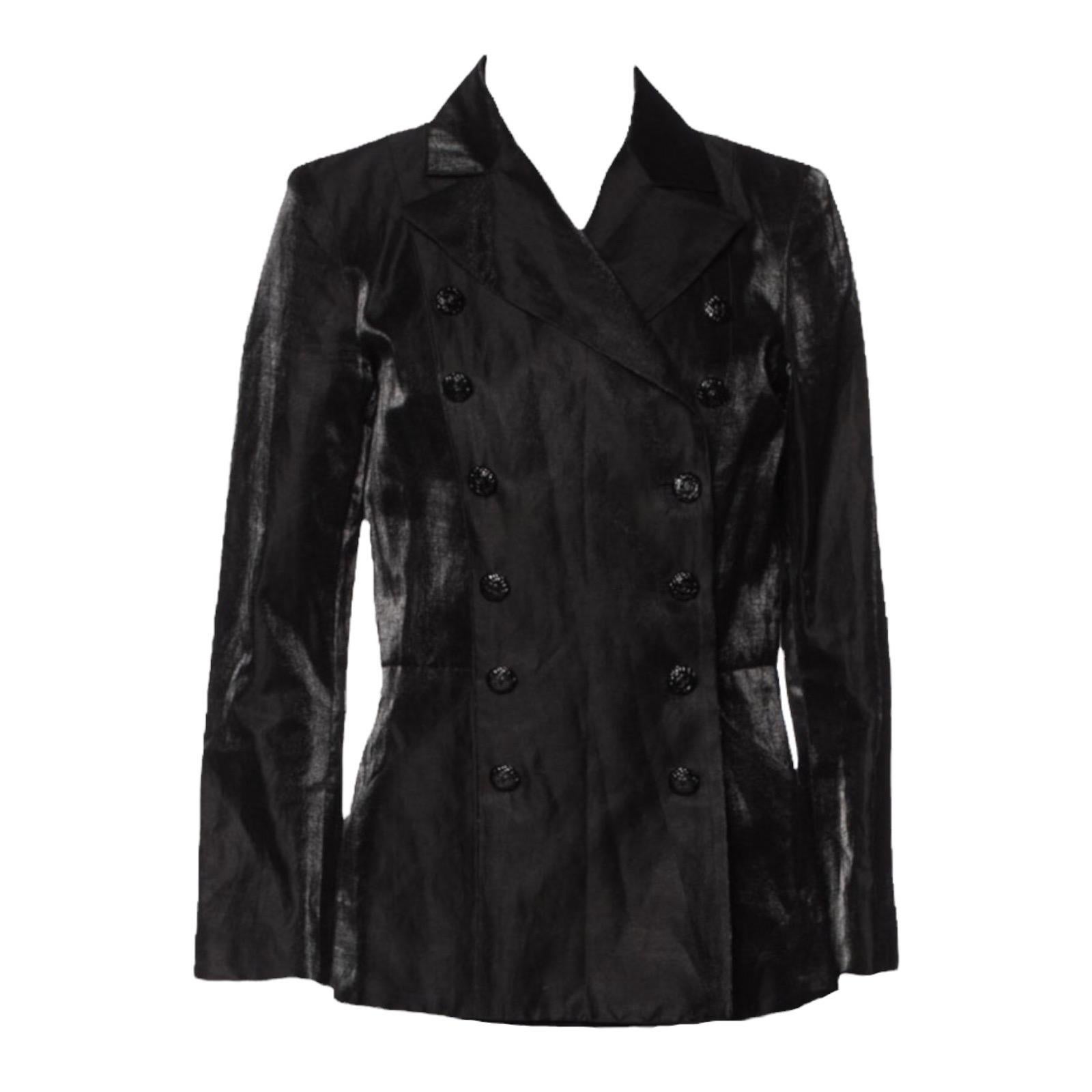 Women's CHANEL Black Shimmering Linen Evening Pants Jacket Suit Tuxedo Smoking 42-44 For Sale