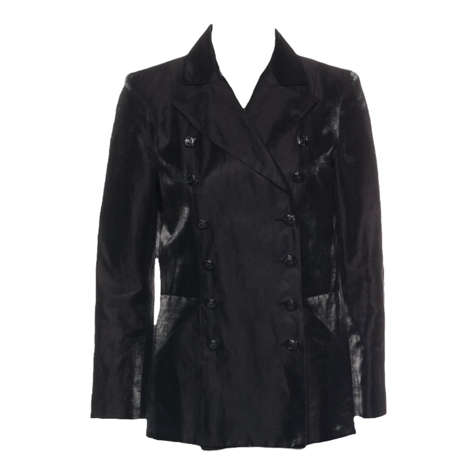Noir CHANEL Black Shimmering Linen Evening Pants Jacket Suit Tuxedo Smoking 42-44 en vente
