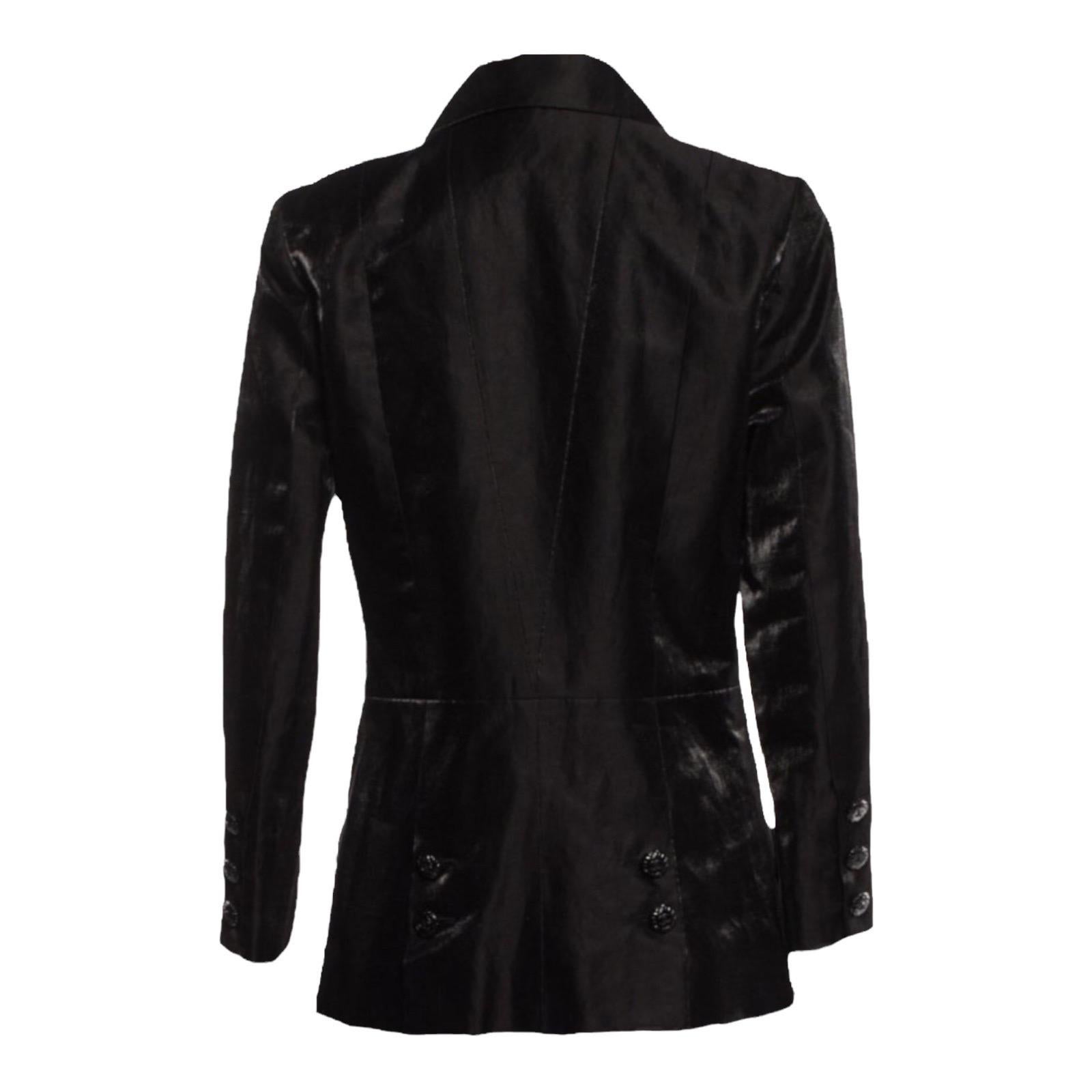 CHANEL Black Shimmering Linen Evening Pants Jacket Suit Tuxedo Smoking 42-44 en vente 1
