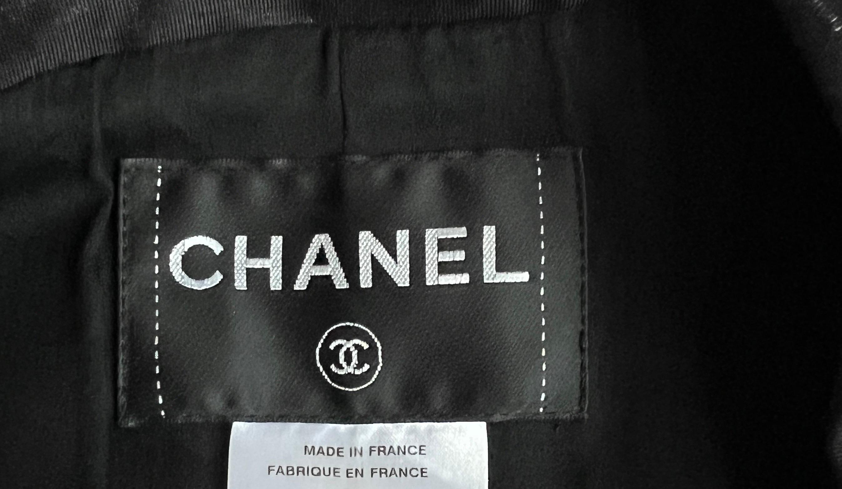 CHANEL Schwarz schimmernde Leinen-Abendhose Jacke Anzug Smoking 42-44 im Angebot 4