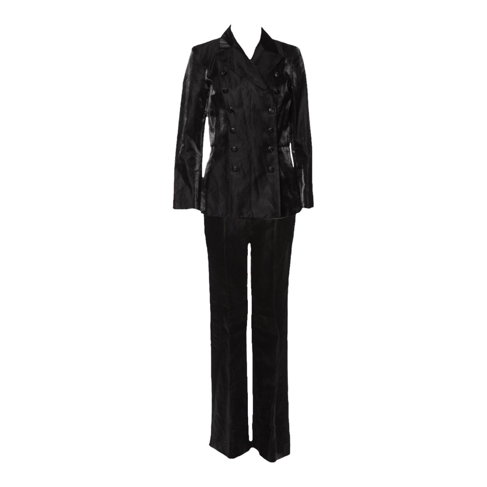 CHANEL Black Shimmering Linen Evening Pants Jacket Suit Tuxedo Smoking 42-44 en vente