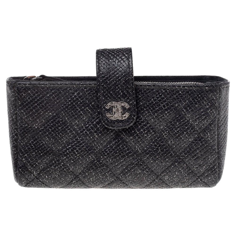 Chanel Black Shimmering Quilted Leather CC Phone Pouch