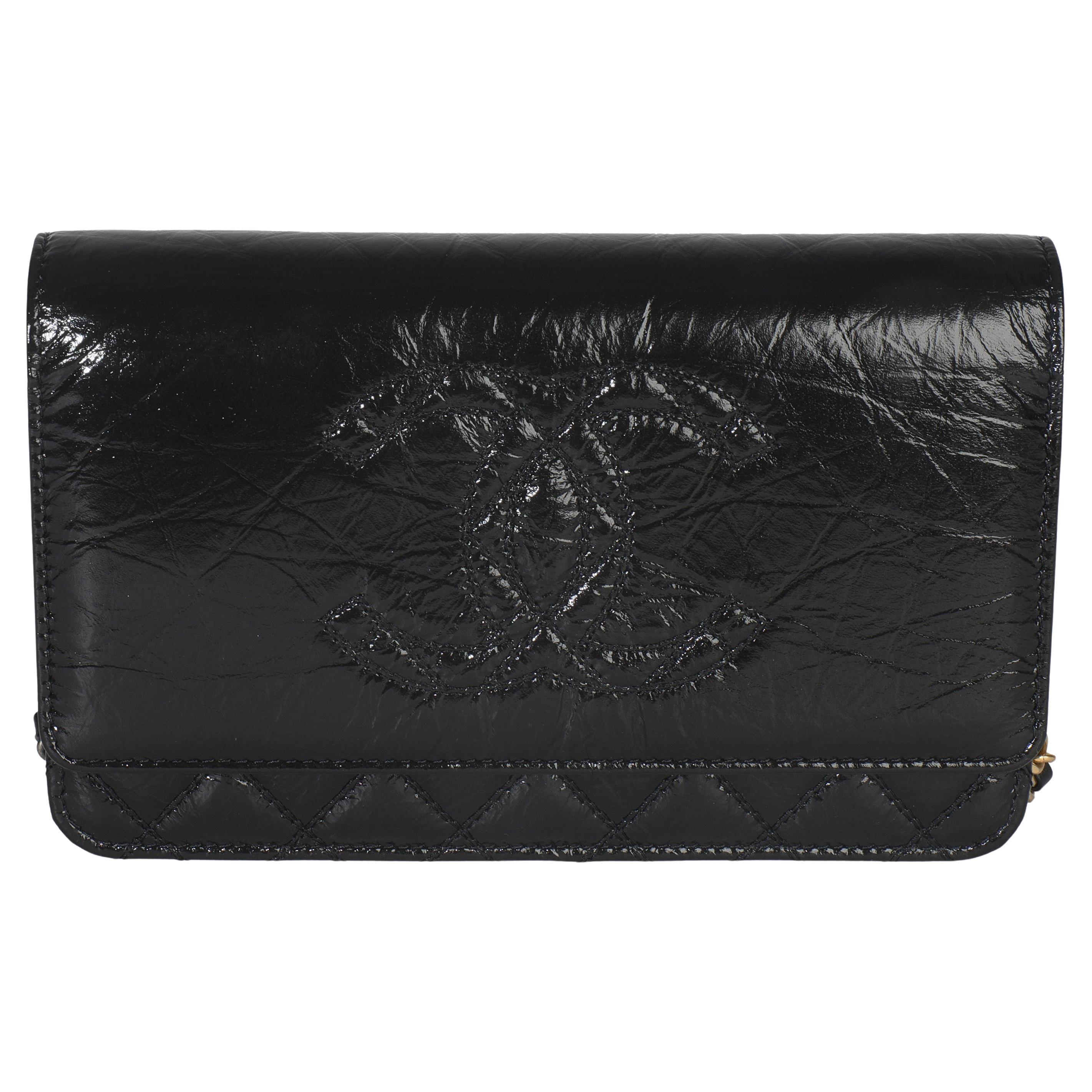 Chanel Black Shiny Aged Calfskin Timeless CC Wallet On Chain