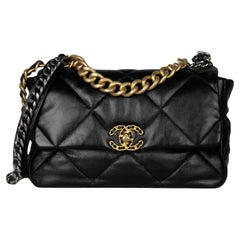 Chanel Black Shiny Calfskin Leather Quilted Large 19 Flap Bag