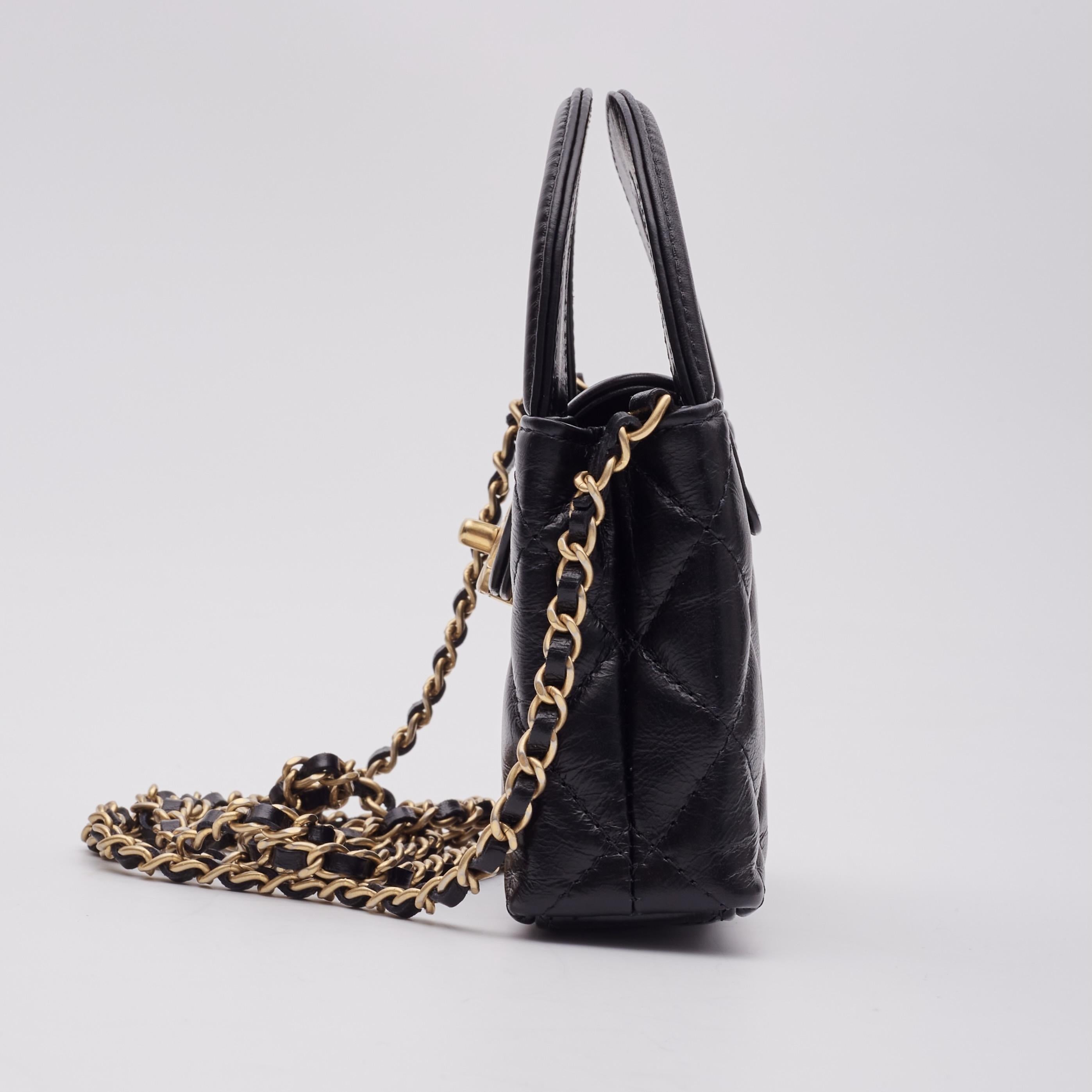 Women's Chanel Black Shiny Calfskin Nano Kelly Shopping Tote 2023 For Sale