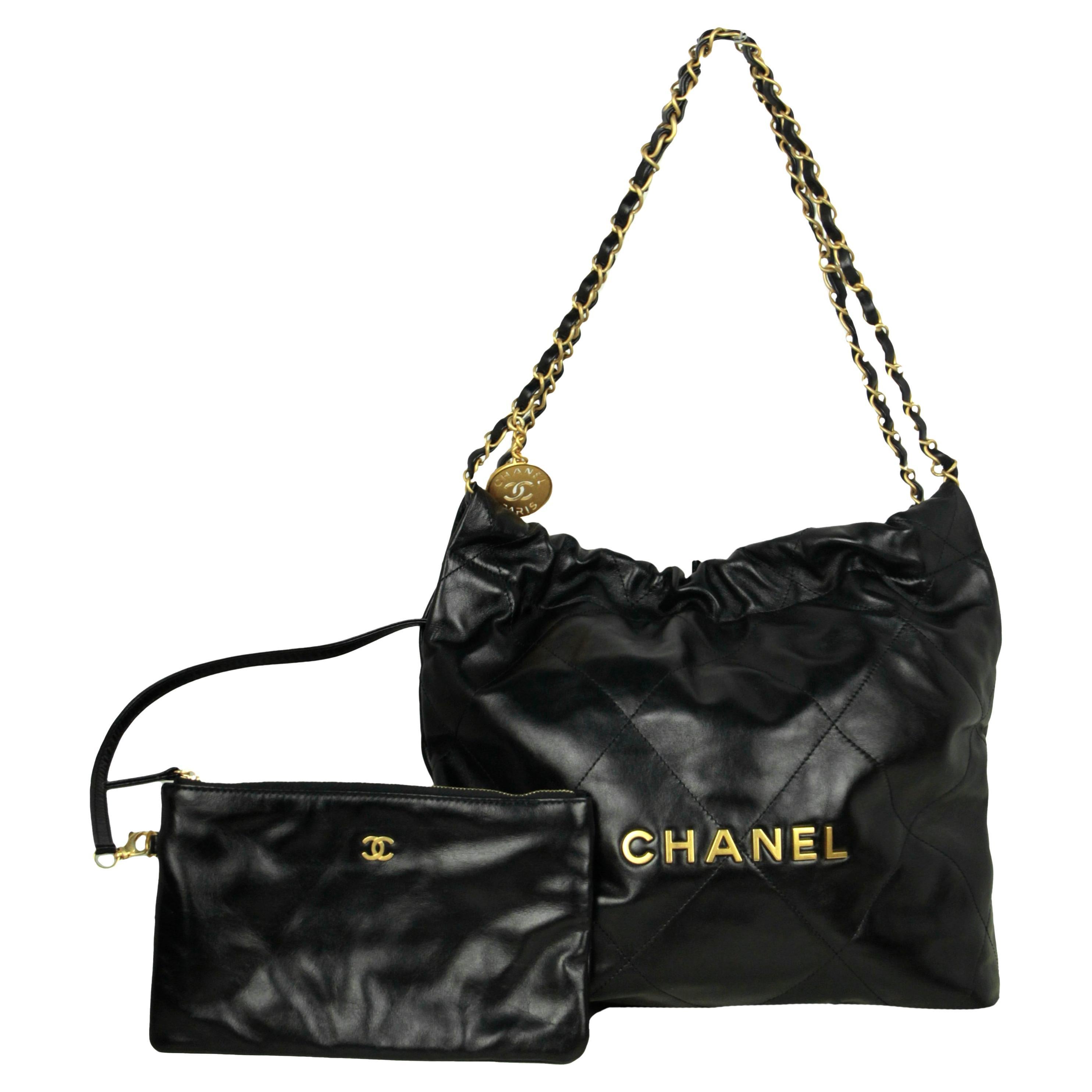 Chanel Black Shiny Calfskin Quilted Small Chanel 22 Tote Bag