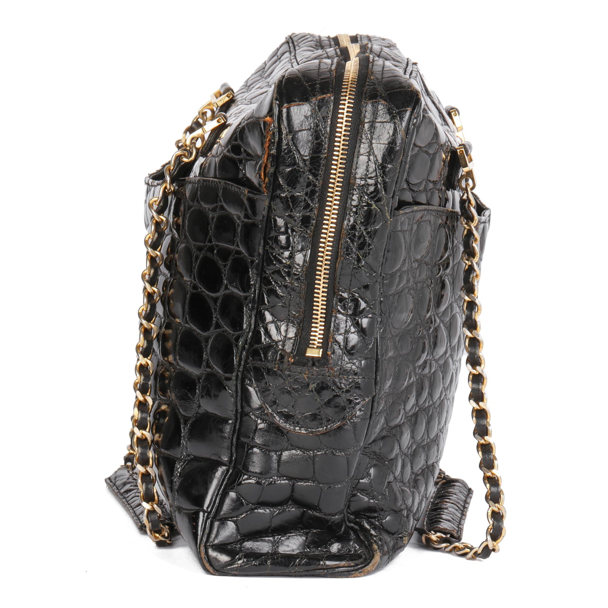Women's CHANEL  Black Shiny Crocodile Leather Vintage Camera Bag For Sale