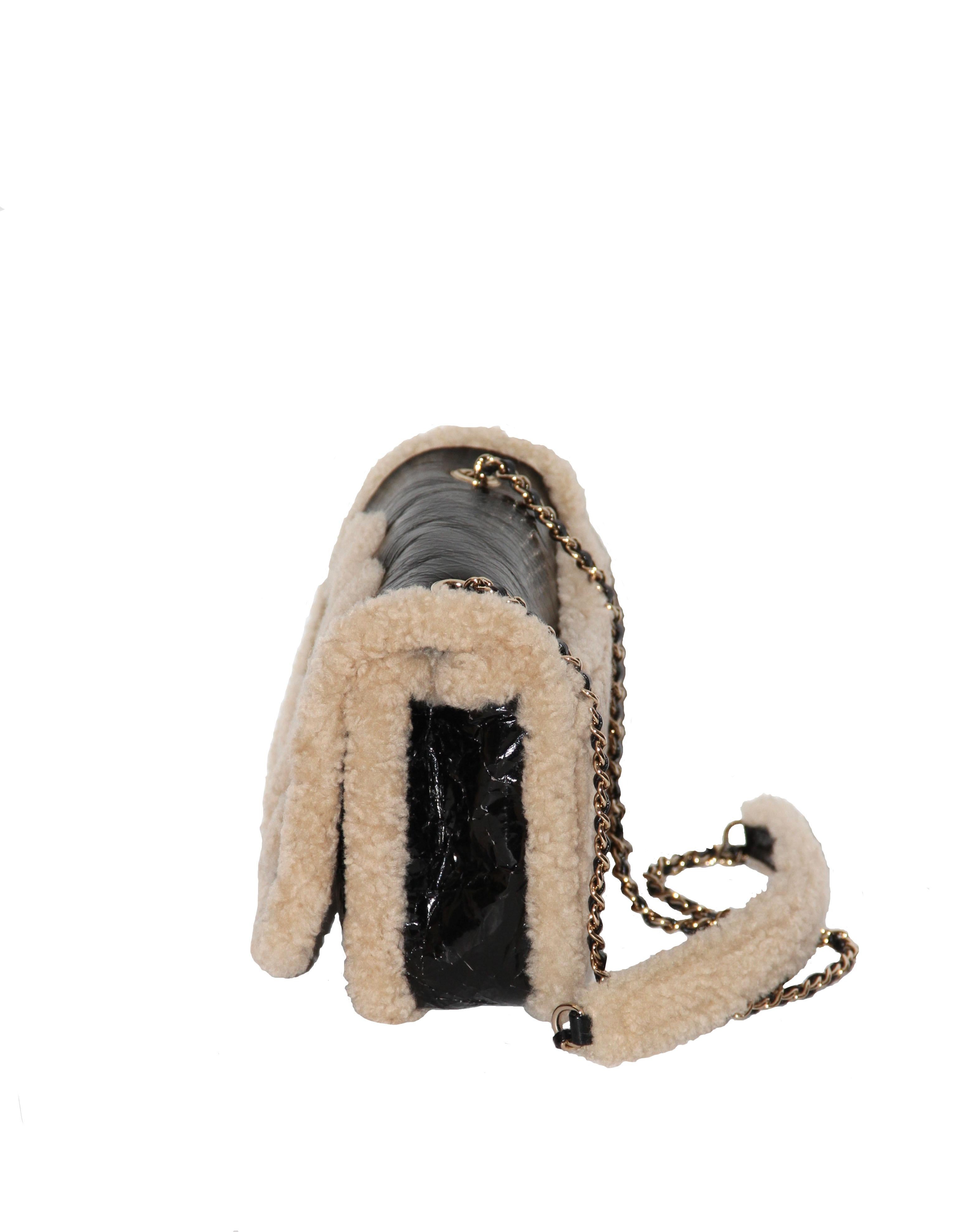 Beige Chanel Black Shiny Crumpled Sheepskin and Shearling Sheepskin Flap Bag