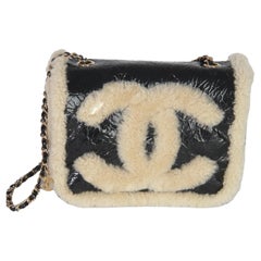 Chanel Black Shiny Crumpled Sheepskin Shearling CC Mania Flap Bag