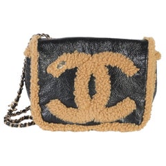 Chanel Black Shiny Crumpled Sheepskin Shearling CC Mania Flap Bag