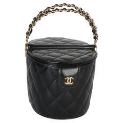 Chanel Black Shiny Quilted Calfskin Double Sided Top Handle Vanity Bag