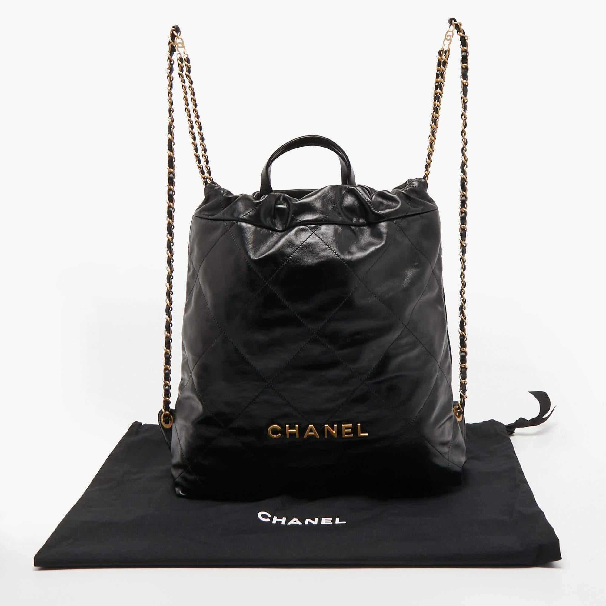 Chanel Black Shiny Quilted Leather 22 Backpack 7