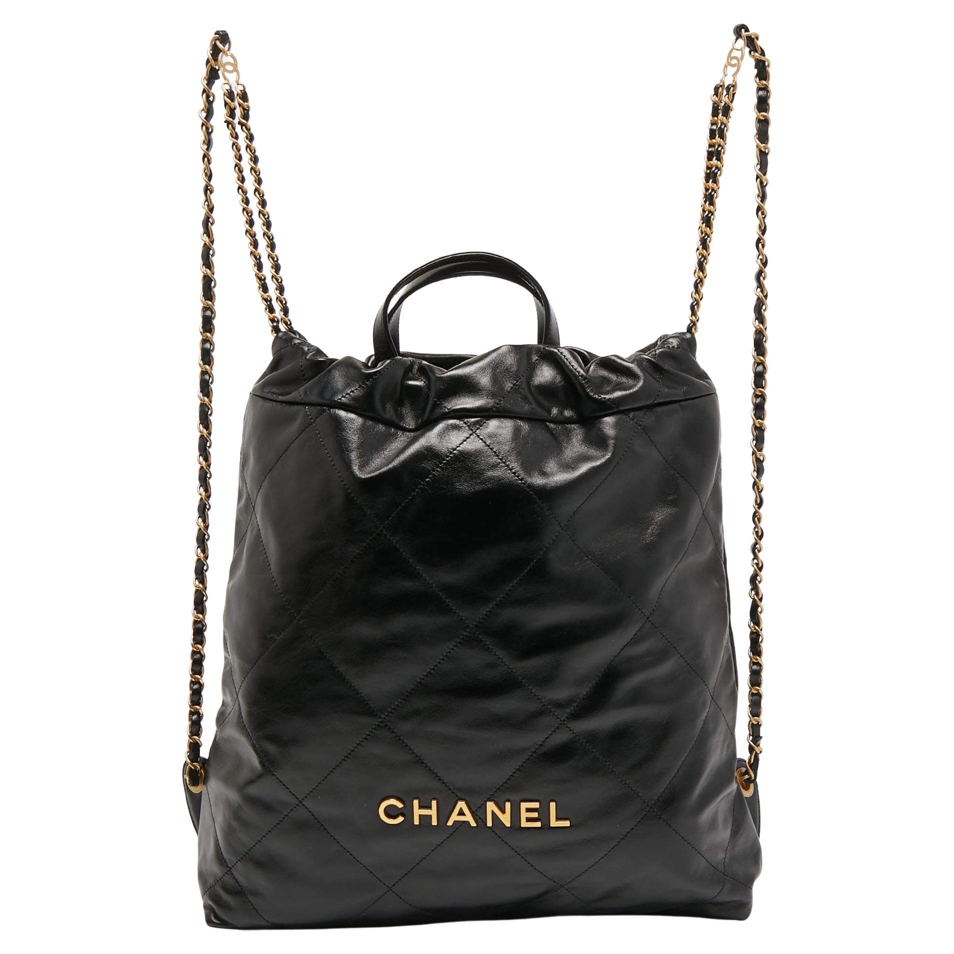 Chanel Black Shiny Quilted Leather 22 Backpack