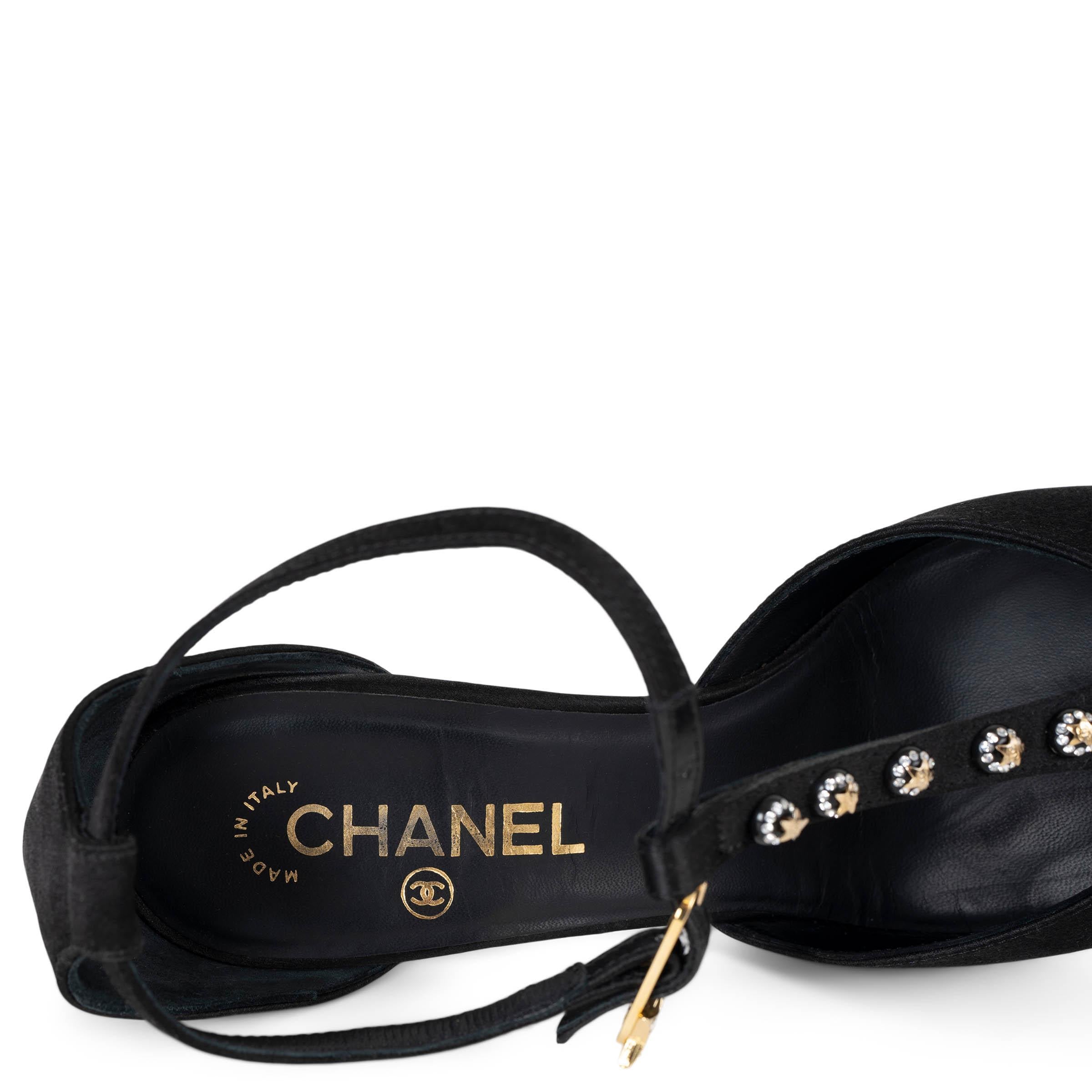 CHANEL black silk 08P STRASS STARS T-STRAP Pumps Shoes 38.5 fit