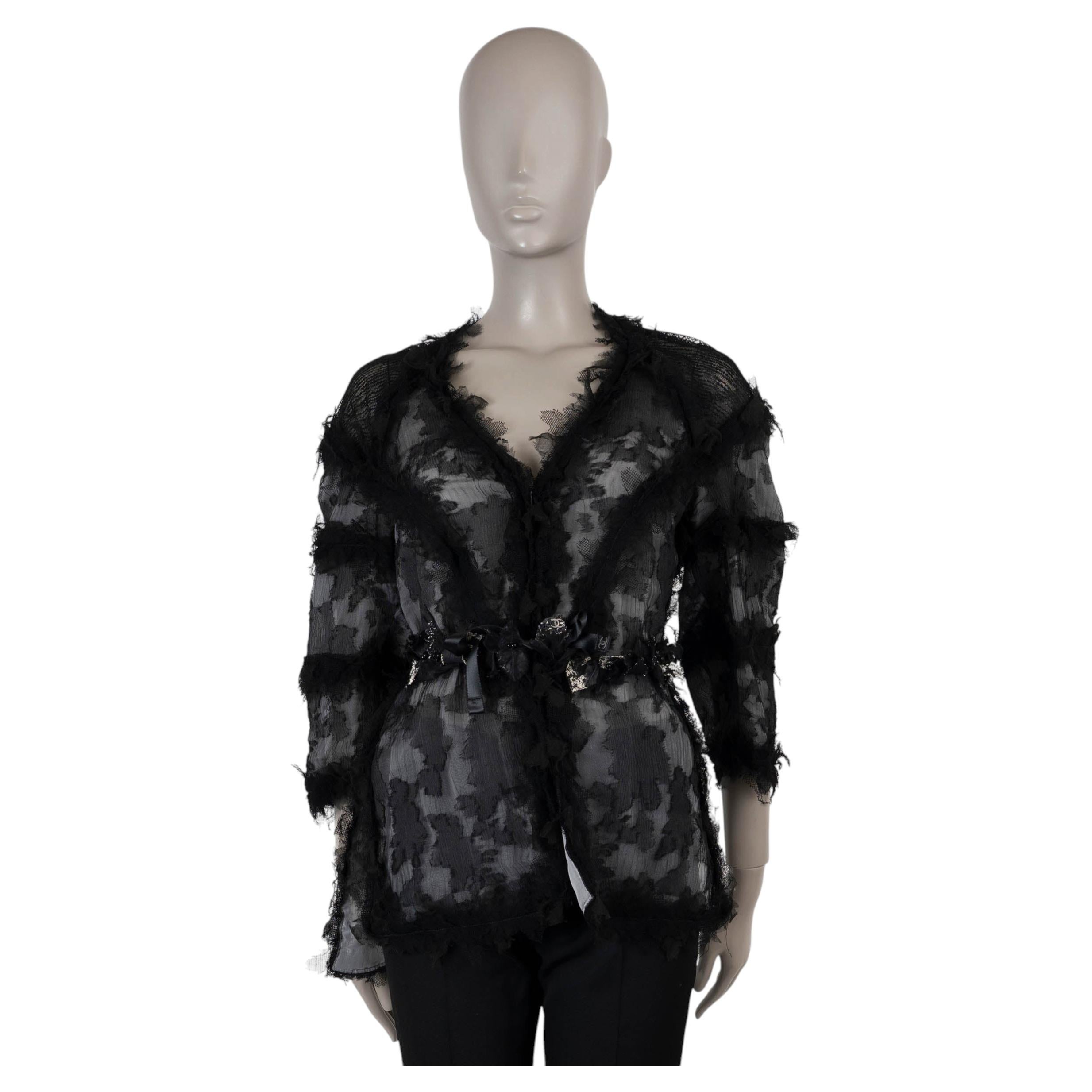 CHANEL black silk 11K CAMOUFLAGE CHIFFON Blouse Shirt 40 M For Sale