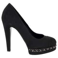 CHANEL black silk 15C DUBAI CHAIN TRIM PLATFORM Pumps Shoes 38.5