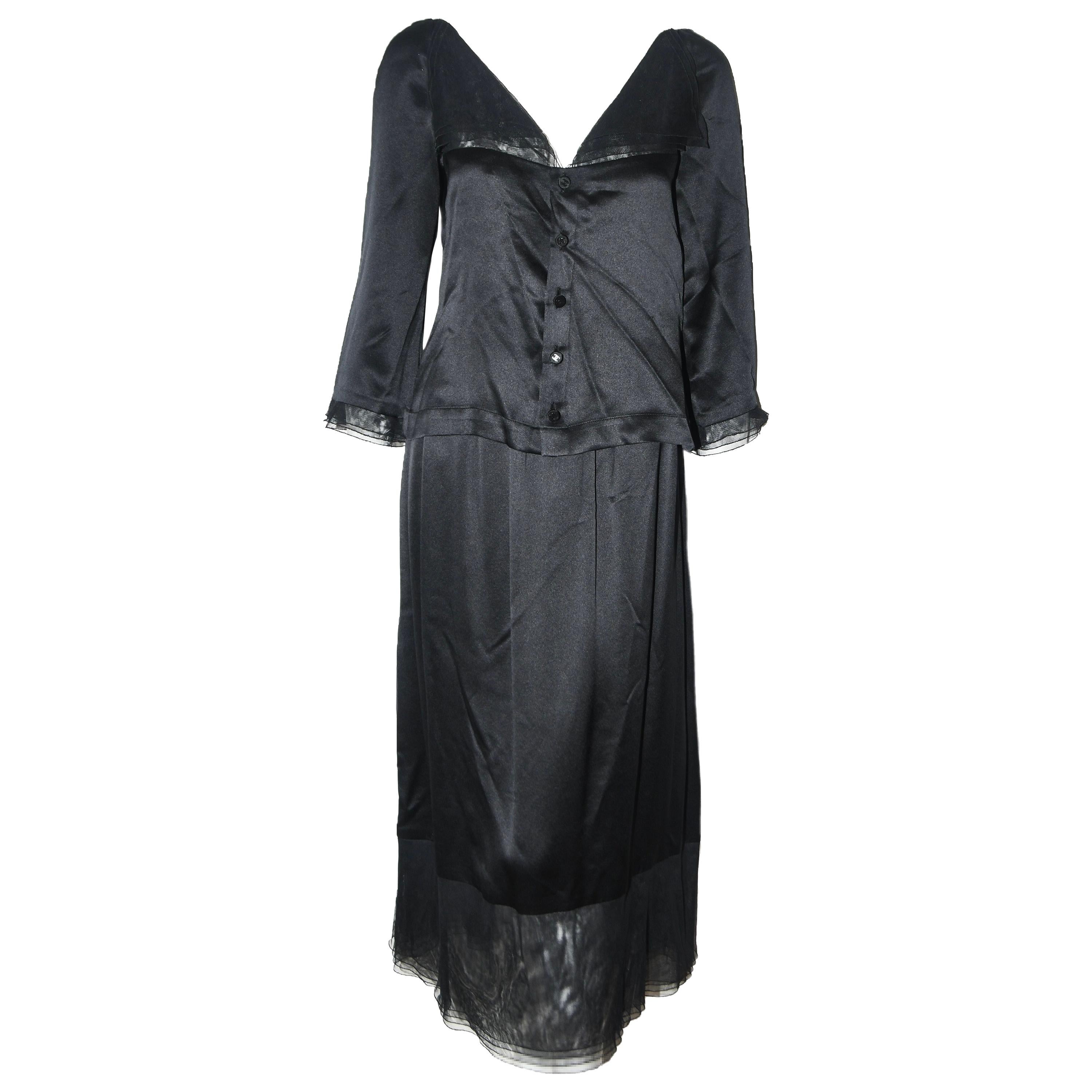 Chanel Black Silk 2 Piece Long Sleeve Top & Long Skirt Dress 42 For Sale