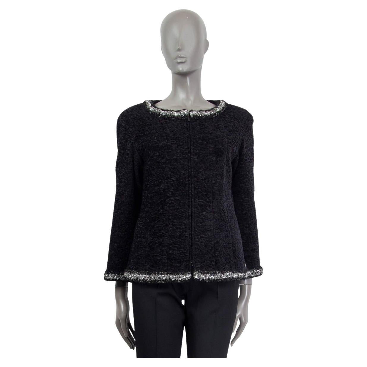 CHANEL black silk 2014 FRONT ZIP BOUCLE Jacket 38 S