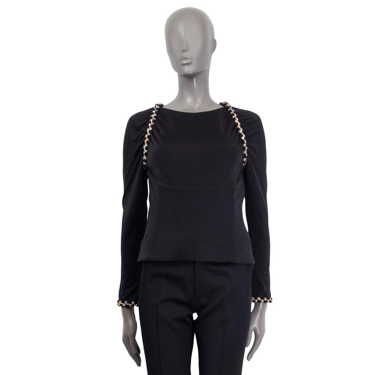 Black CHANEL black silk 2018 GREECE TWEED TRIM Long Sleeve Shirt 38 S For Sale