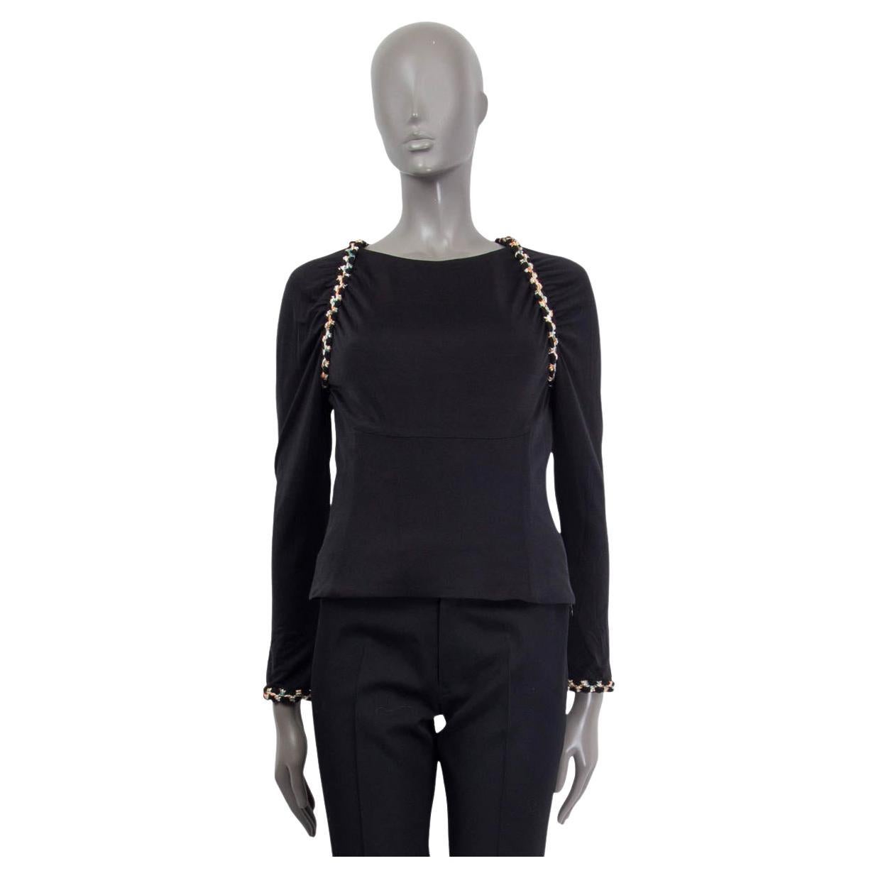 CHANEL black silk 2018 GREECE TWEED TRIM Long Sleeve Shirt 38 S For Sale