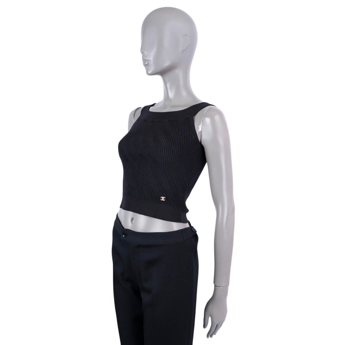 Women's CHANEL black silk 2021 21S DIAGONAL STRIPE KNIT Tank Top Shirt 34 XS
