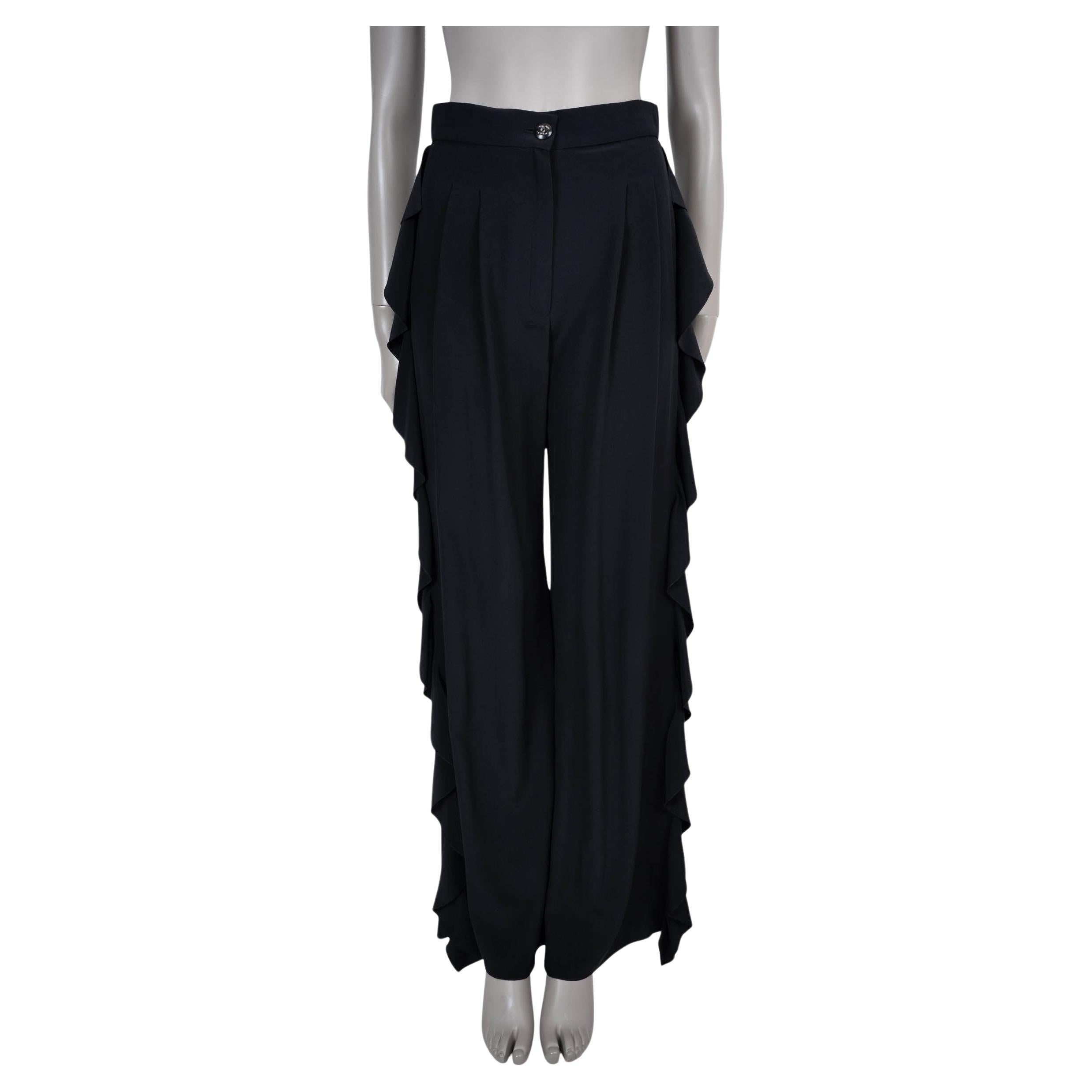 CHANEL black silk 21C CAPRI SIDE RUFFLE Pants 36 XS