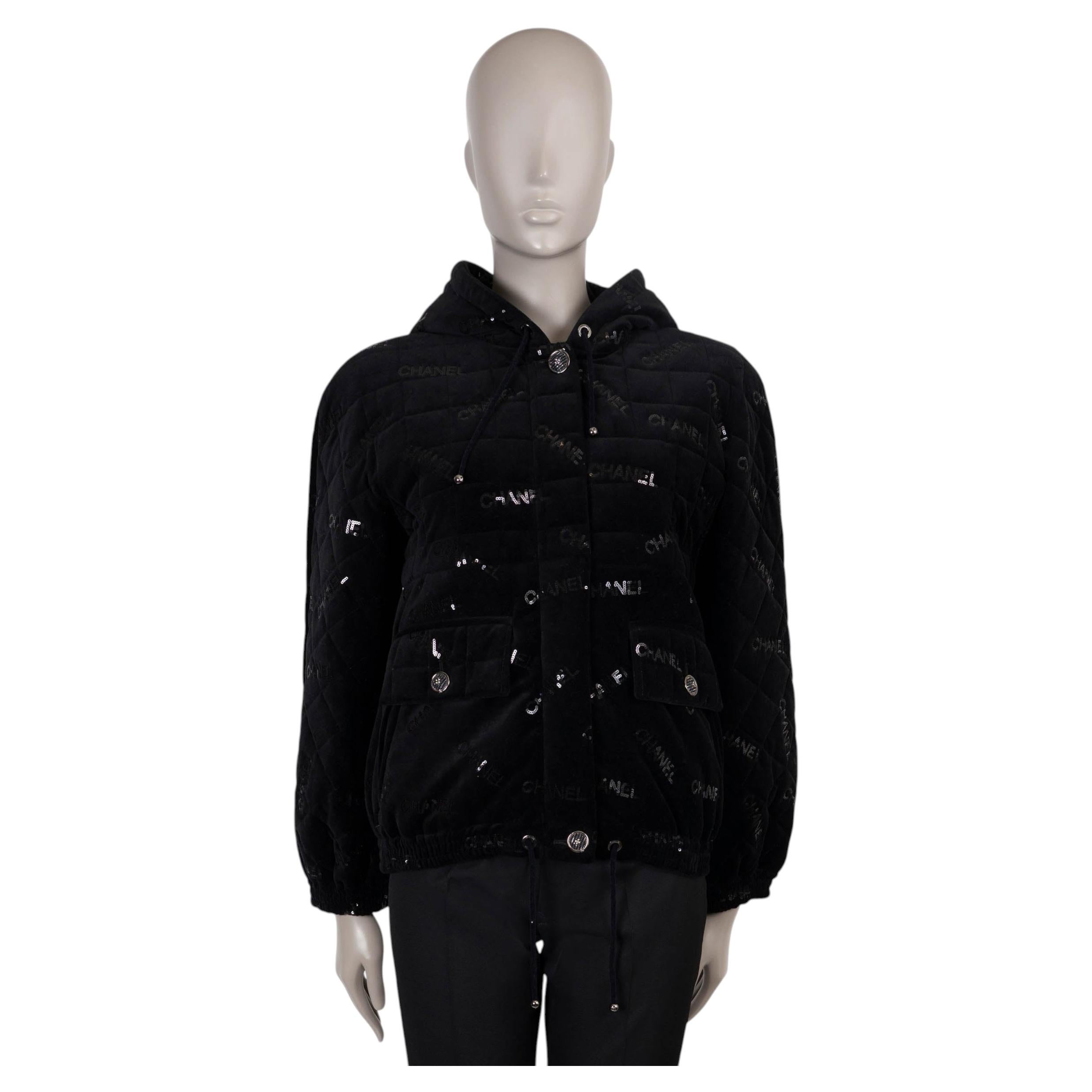 CHANEL black silk 22B SEQUIN VELVET DOWN Jacket 36 XS