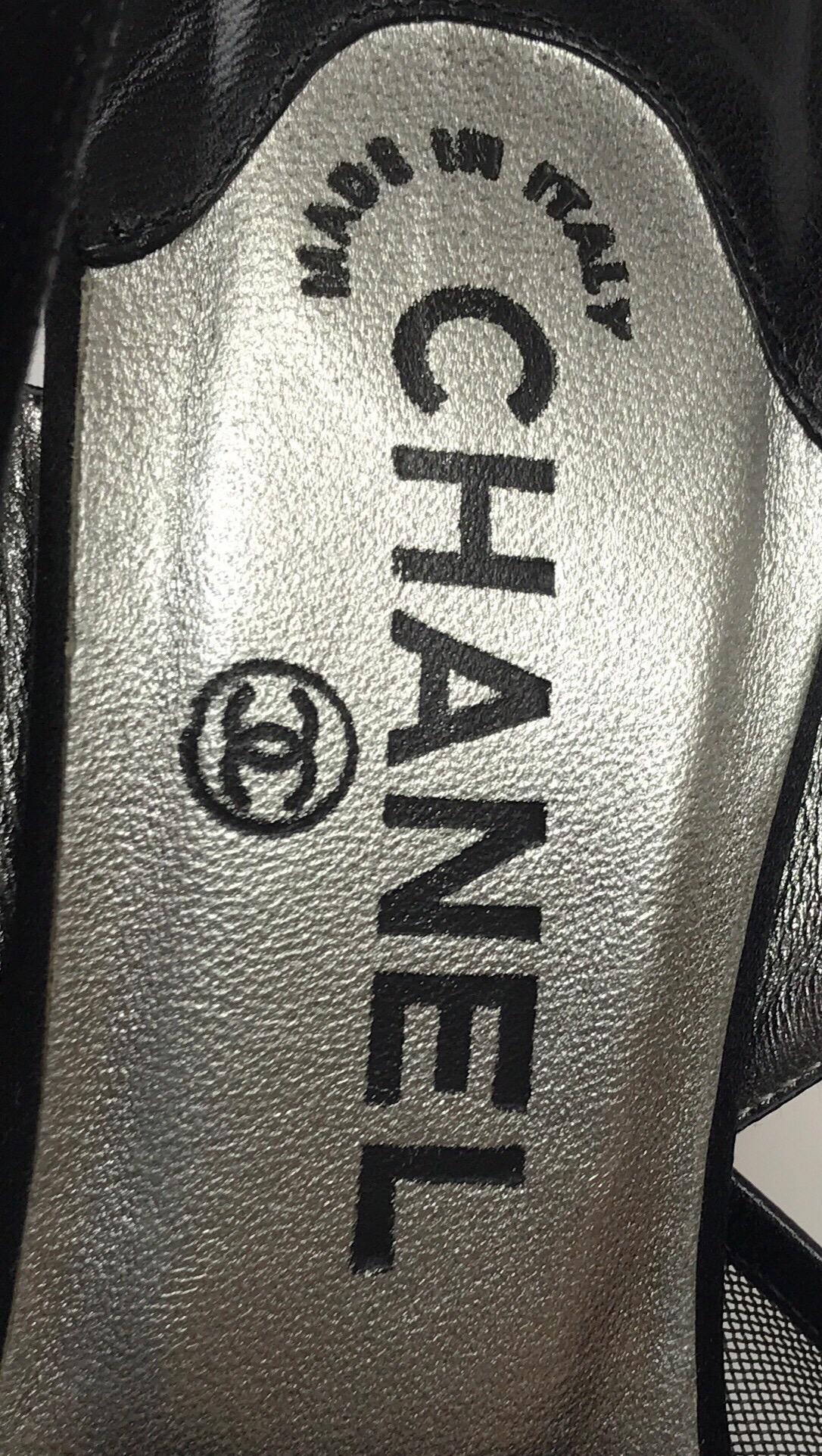 CHANEL Black Silk and Mesh Slingback w/ front CC-38.5 1