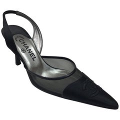 CHANEL Black Silk and Mesh Slingback w/ front CC-38.5