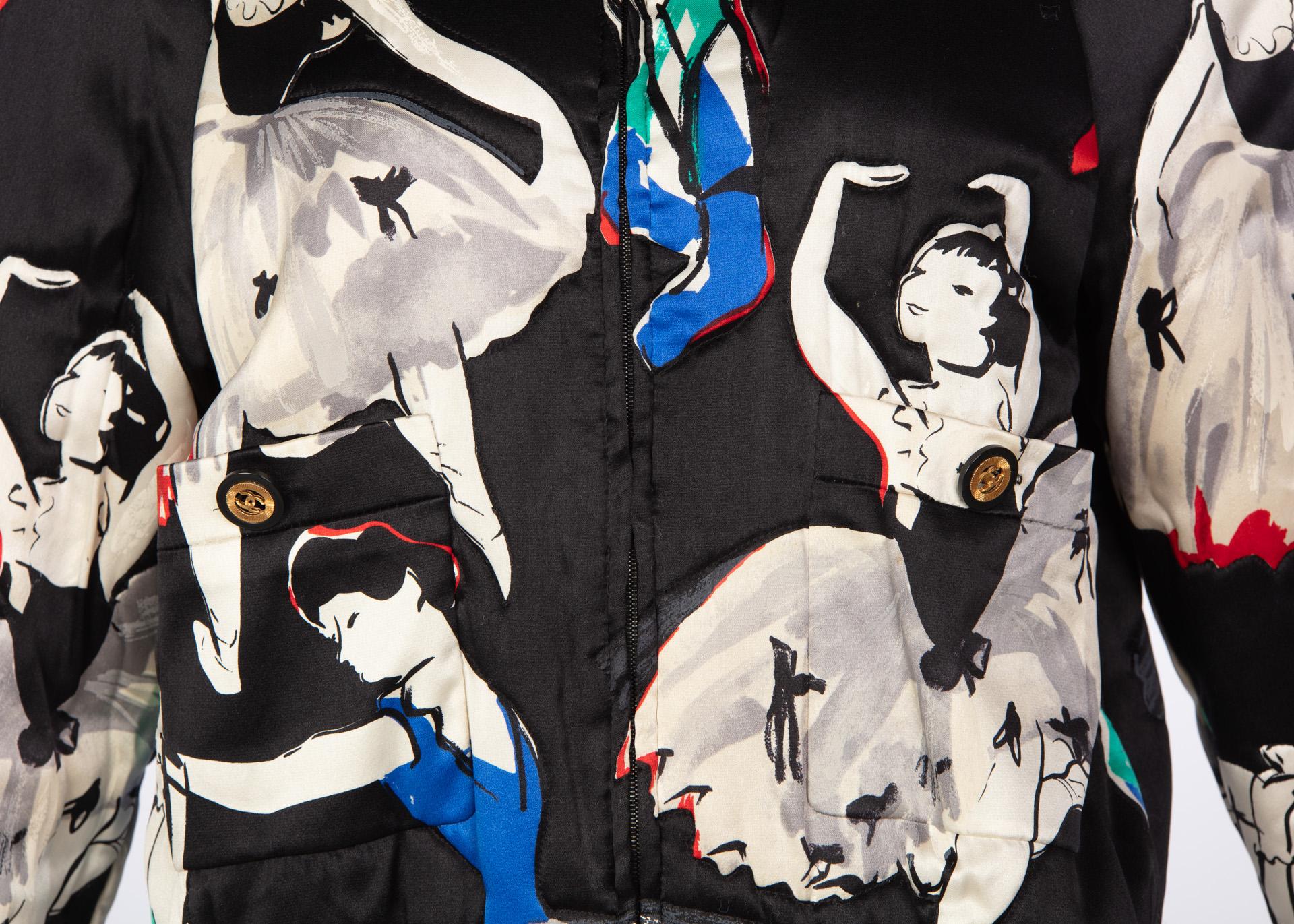 Chanel Black Silk Ballerina Print Bomber Jacket, 1990s 2
