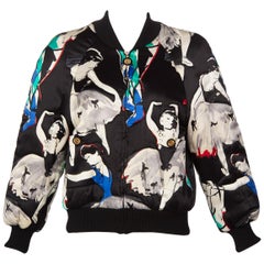 Retro Chanel Black Silk Ballerina Print Bomber Jacket, 1990s