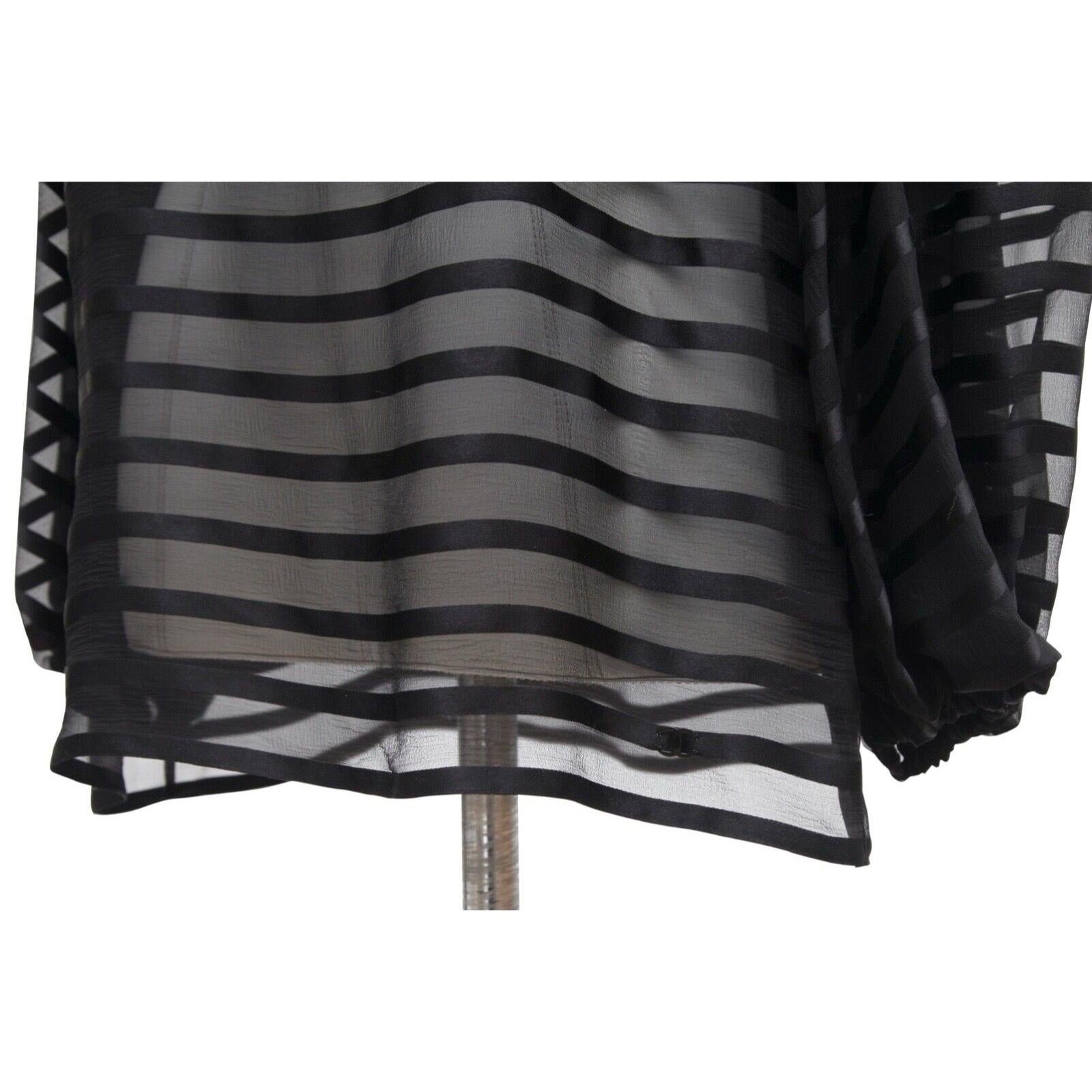 Women's CHANEL Black Silk Blouse Shirt Top Long Sleeve Striped Bateau CC 2013 Sz 38