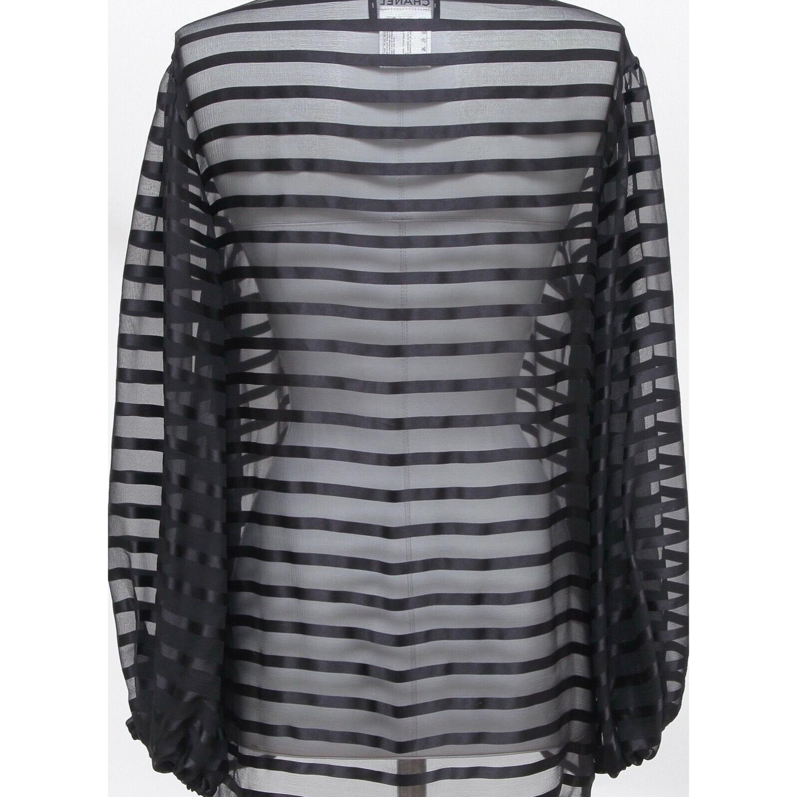 CHANEL Black Silk Blouse Shirt Top Long Sleeve Striped Bateau CC 2013 Sz 38 1