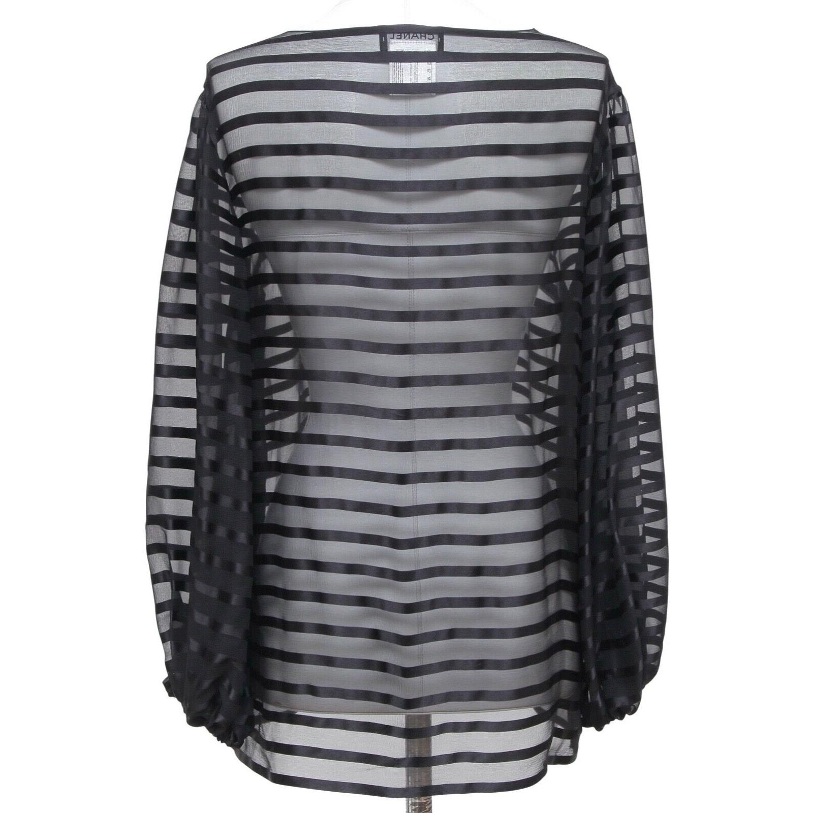 CHANEL Black Silk Blouse Shirt Top Long Sleeve Striped Bateau CC 2013 Sz 38 2