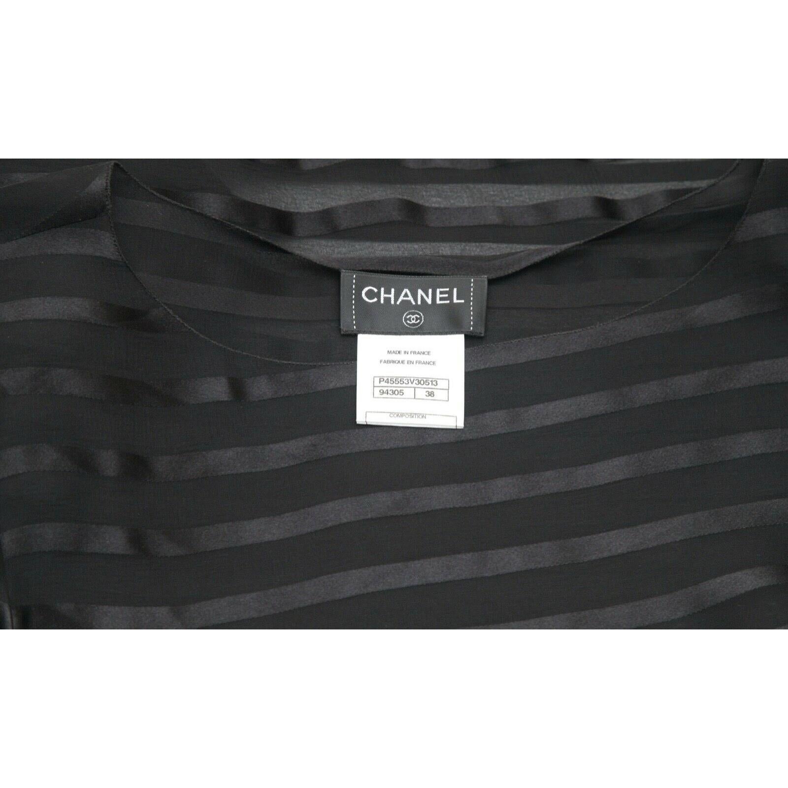 CHANEL Black Silk Blouse Shirt Top Long Sleeve Striped Bateau CC 2013 Sz 38 3