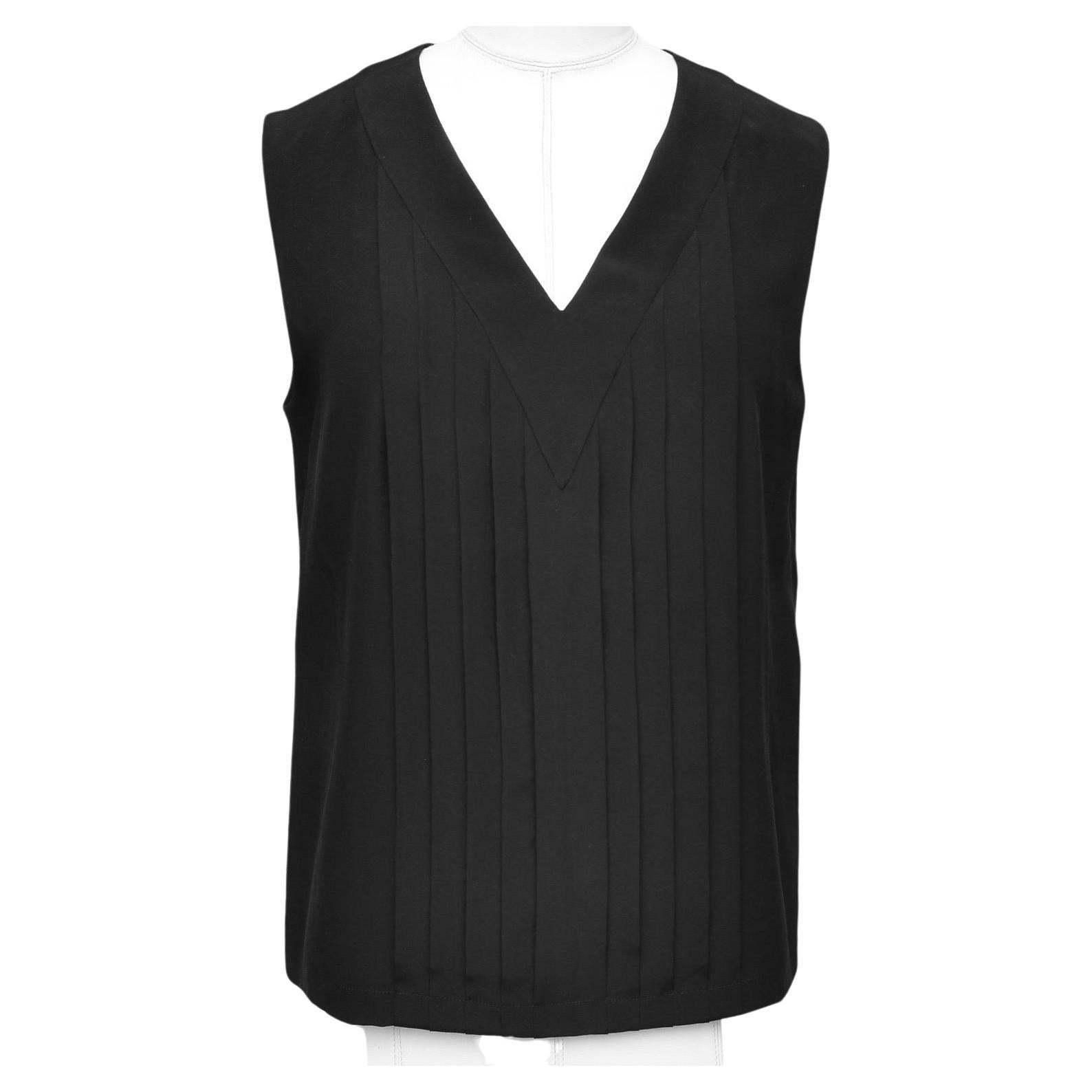 CHANEL Black Silk Blouse Sleeveless Top Shirt Pleats V-Neck Buttons Sz 36