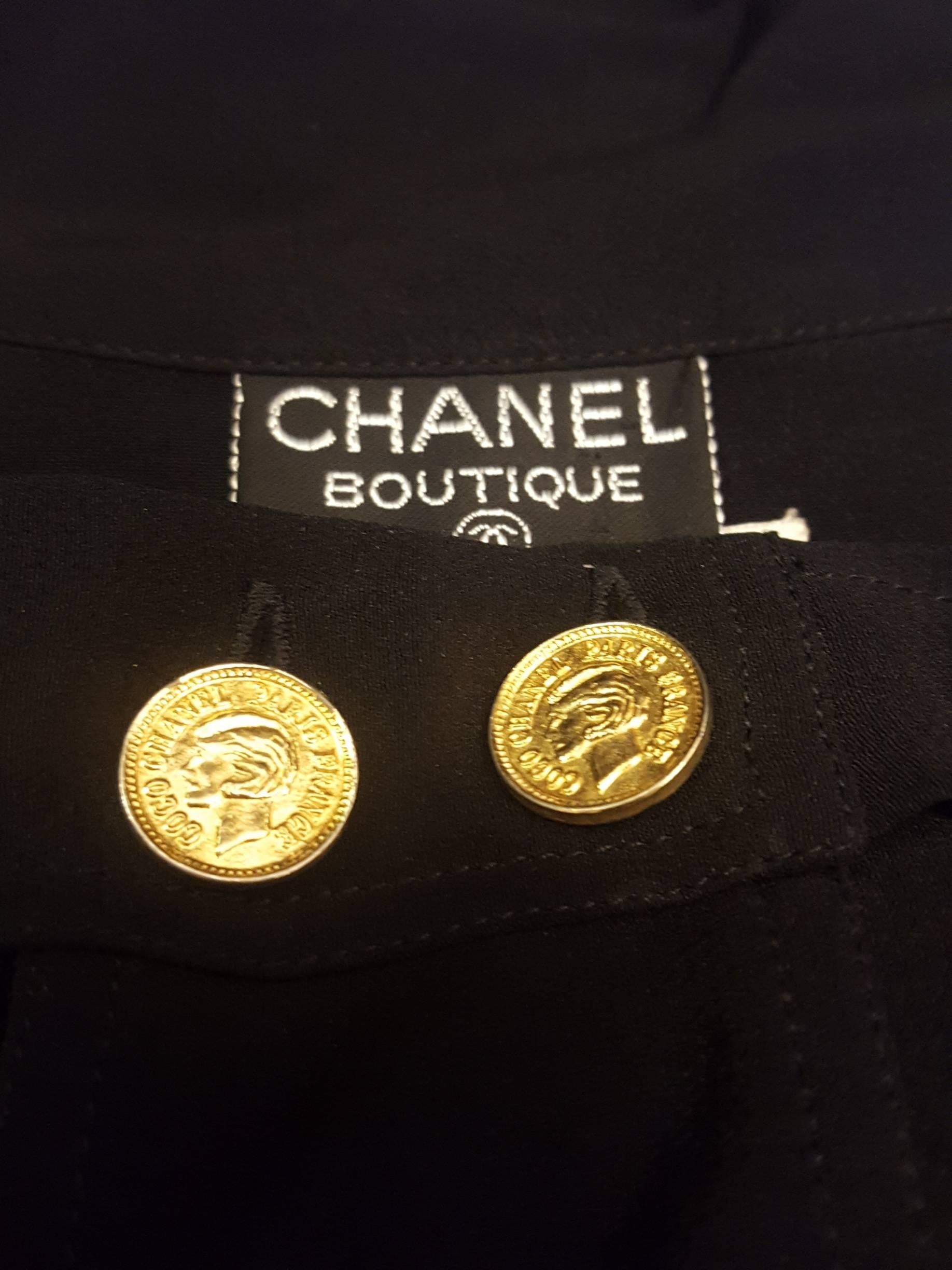 Chanel Black Silk Bomber Style Jacket with Gold Tone Coco Chanel Logo Buttons 1