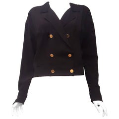 Vintage Chanel Black Silk Bomber Style Jacket with Gold Tone Coco Chanel Logo Buttons