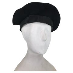 Vintage Chanel Black Silk Bow Band Top Stitched Wool Beret 1980s