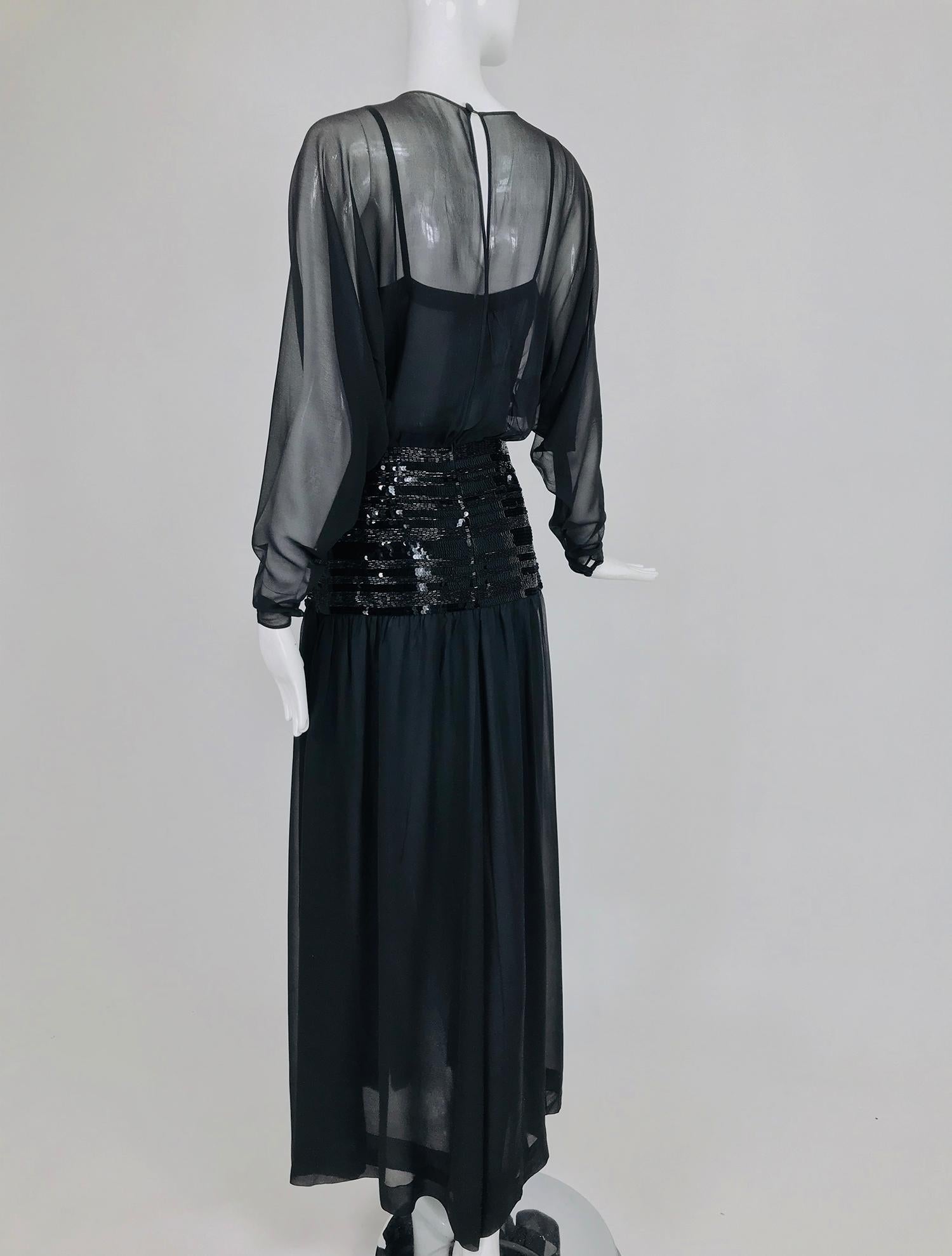 Chanel Black Silk Chiffon beaded Hip Dolman Sleeve Evening Gown 1980s 6